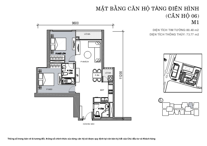 - Căn hộ 06, diện tích 80.48m2, 2 phòng ngủ, ban công Đông Nam