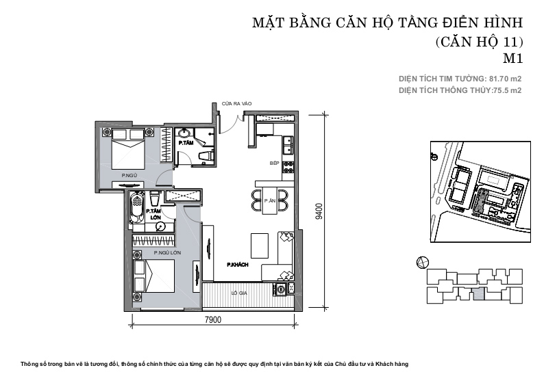 Căn hộ 11, diện tích 81.70m2, 2 phòng ngủ, ban công Tây Bắc