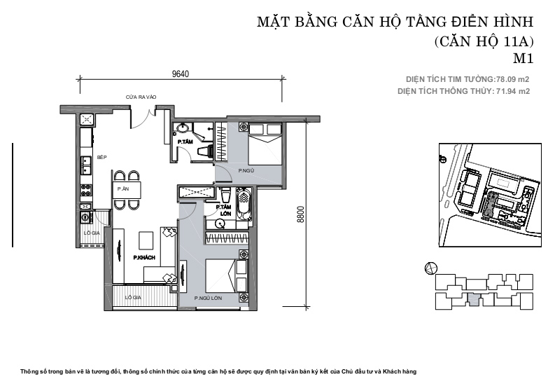 Căn hộ 11A, diện tích 78.09m2, 2 phòng ngủ, ban công Tây Bắc