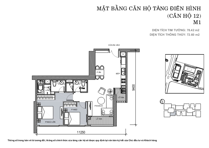 - Căn hộ 12, diện tích 78.42m2, 2 phòng ngủ, ban công Tây Bắc