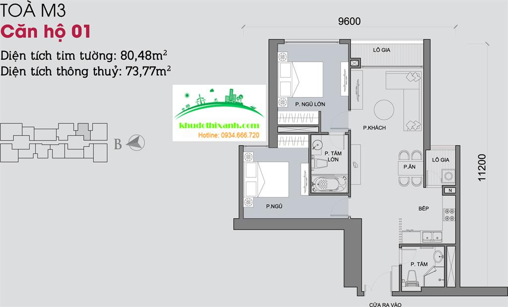 Căn hộ 01, diện tích 80.48m2, 2 phòng ngủ, ban công Đông Nam