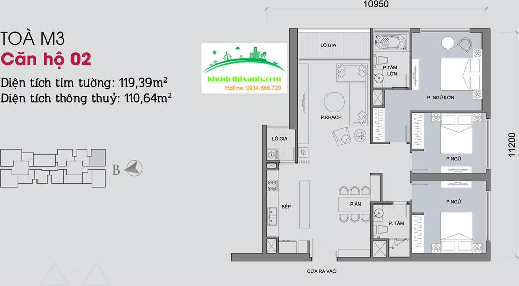 Căn hộ 02, diện tích 119.39m2, 3 phòng ngủ, ban công Đông Nam và Tây Nam (căn góc)