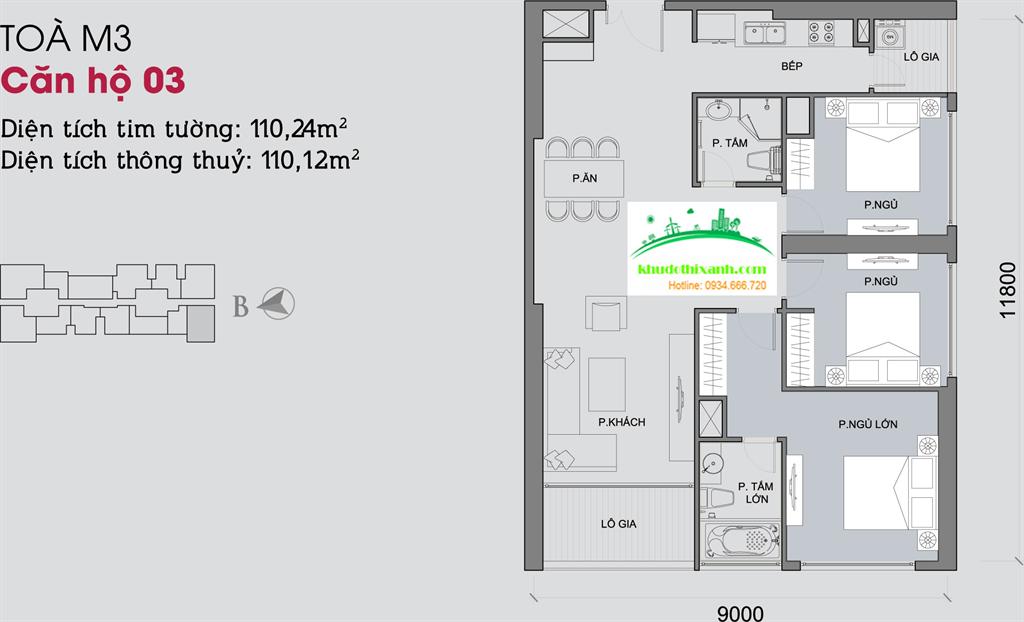 Căn hộ 03, diện tích 110.24m2, 3 phòng ngủ, ban công Tây Nam, Tây Bắc (căn góc)