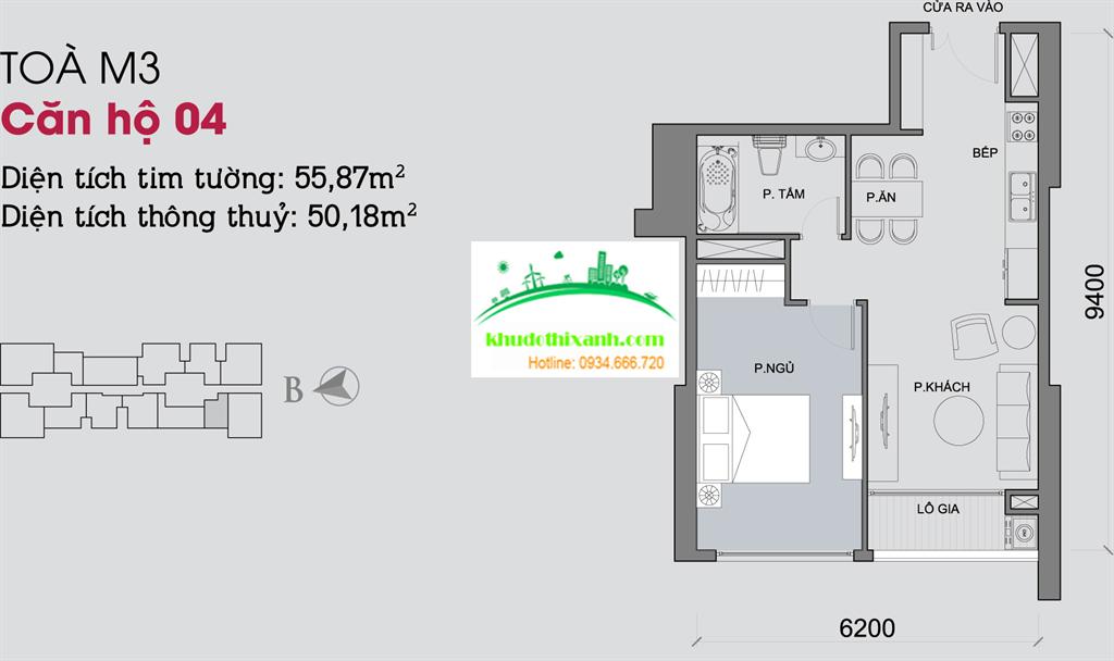 - Căn hộ 04, diện tích 55.87m2, 1 phòng ngủ, ban công Tây Bắc