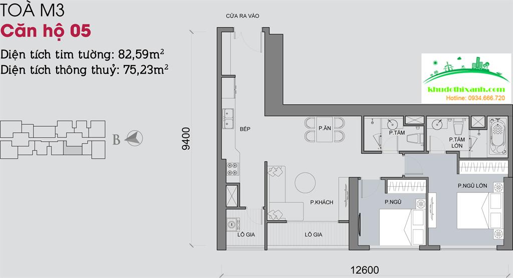 Căn hộ 05, diện tích 82.59m2, 2 phòng ngủ, ban công Tây Bắc