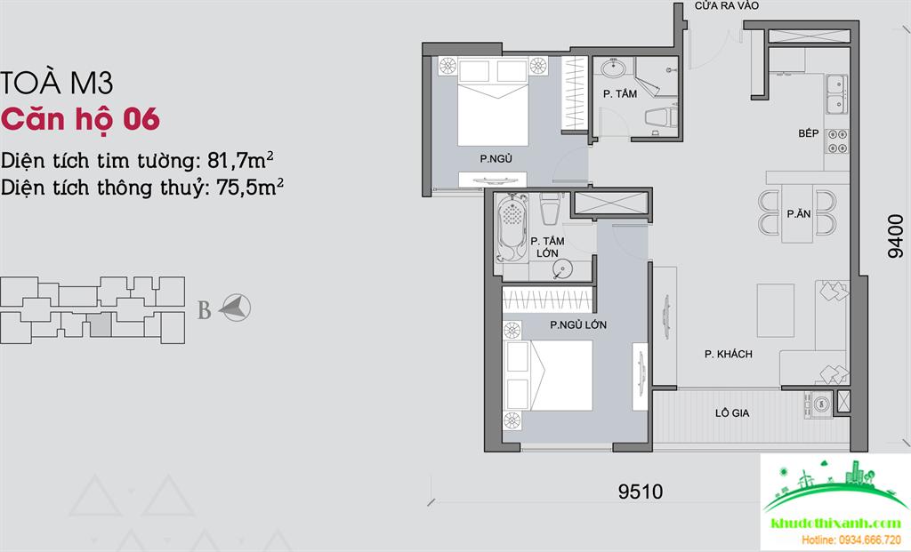 Căn hộ 06, diện tích 81.70m2, 2 phòng ngủ, ban công Tây Bắc