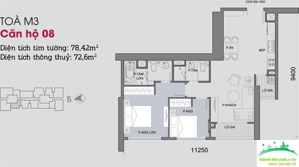 Căn hộ 08, diện tích 78.42m2, 2 phòng ngủ, ban công Tây Bắc 