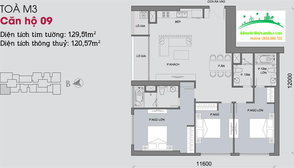 Căn hộ 09, diện tích 129.51m2, 3 phòng ngủ, ban công Tây Bắc, Đông Bắc