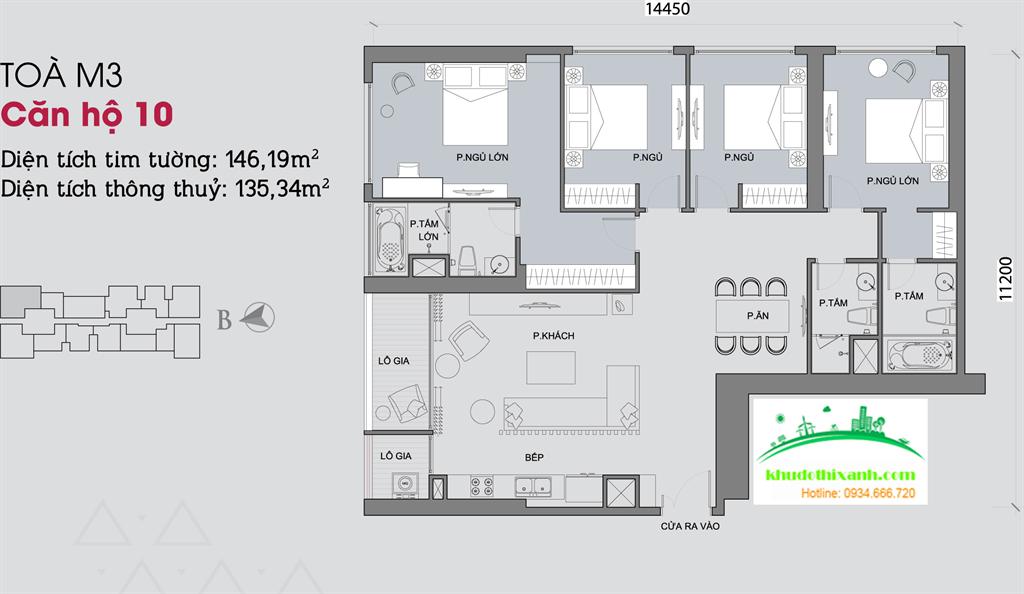 Căn hộ 10, diện tích 146.19m2, 4 phòng ngủ, ban công Đông Bắc và Đông Nam (căn góc)