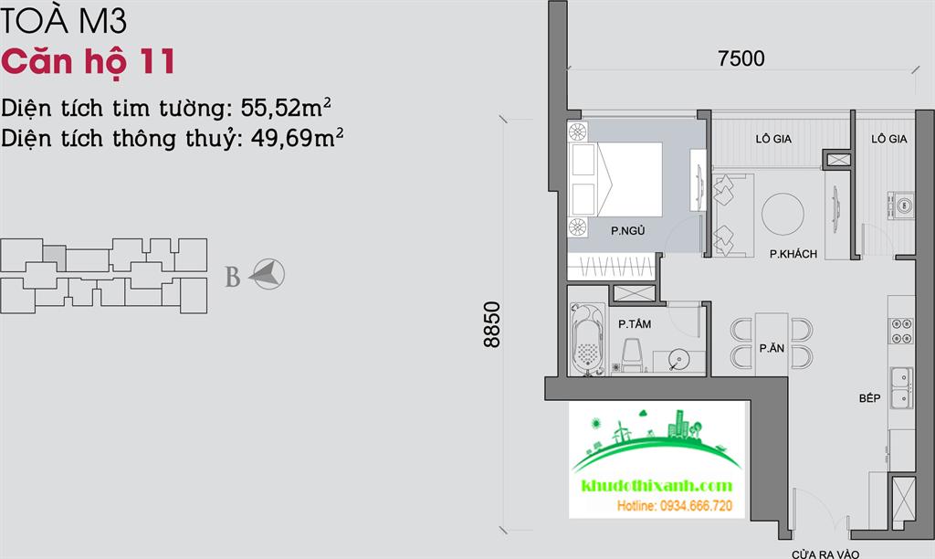 - Căn hộ 11, diện tích 55.52m2, 1 phòng ngủ, ban công Đông Nam