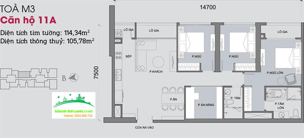 Căn hộ 11A, diện tích 114.34m2, 3 phòng ngủ, ban công Đông Nam