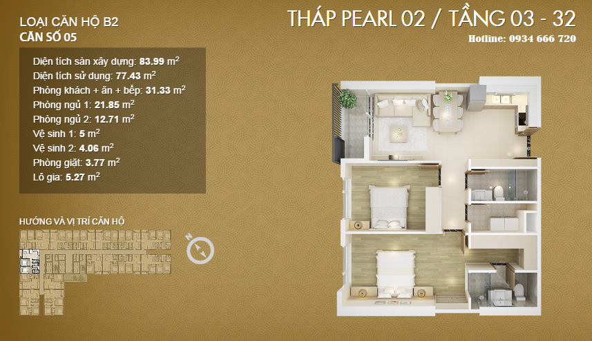 Căn hộ 05, diện tích 83.99m2 (loại B2 - Pearl 1, Pearl 2)