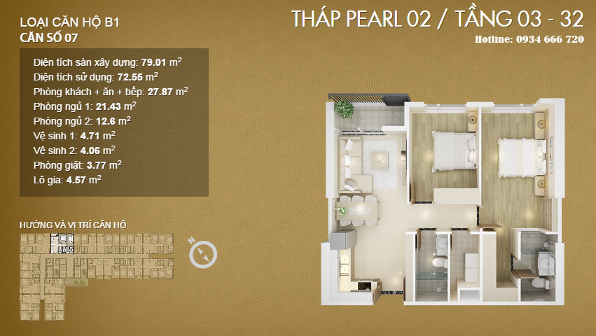 Căn hộ 07, diện tích 79.01m2 (loại B1 - Pearl 1, Pearl 2)