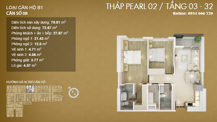 Căn hộ 08, diện tích 79.01m2 (loại B1 - Pearl 1, Pearl 2)