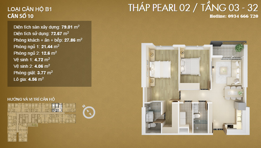 Căn hộ 10, diện tích 79.01m2 (loại B1 - Pearl 1, Pearl 2)