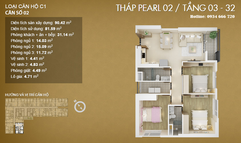 Căn hộ 02, diện tích 90.42m2 (loại C1 - Pearl 1, Pearl 2)