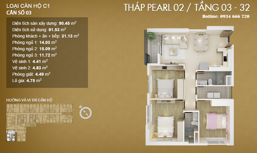 Căn hộ 03, diện tích 90.45m2 (loại C1 - Pearl 1, Pearl 2)