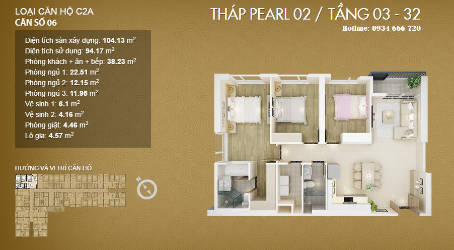 Căn hộ 06, diện tích 104.13m2 (loại C2A - Pearl 1, Pearl 2)