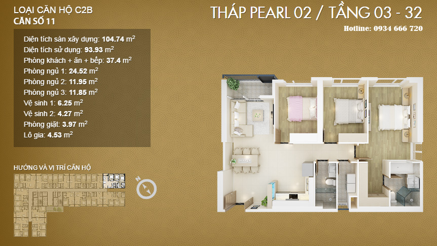 Căn hộ 11, diện tích 104.74m2 (loại C2B - Pearl 1, Pearl 2)