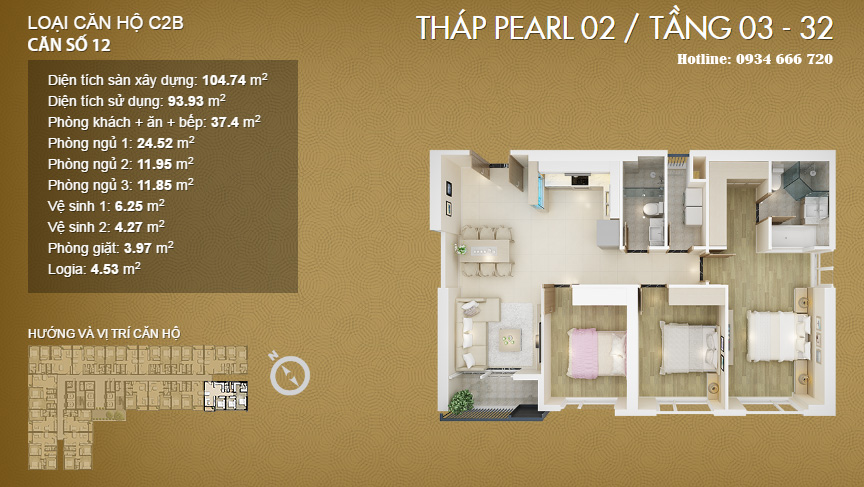 Căn hộ 12, diện tích 104.74m2 (loại C2B - Pearl 1, Pearl 2)