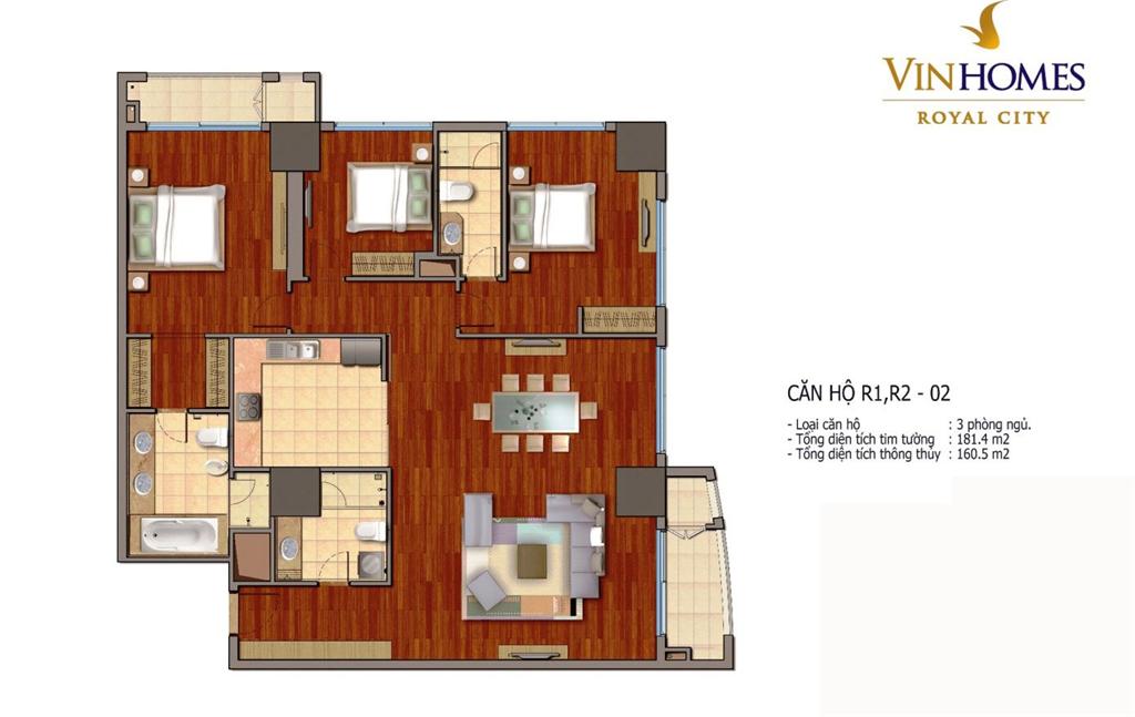 Mặt bằng căn 02 tòa R1, diện tích 181.4m2, 3 phòng ngủ (căn góc)