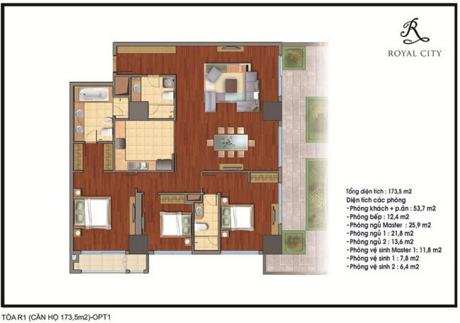 Mặt bằng căn 05A, 06A tòa R1, diện tích 173.5m2, 3 phòng ngủ, tầng 30 có vườn