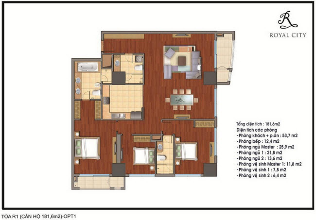 Mặt bằng căn 05B, 06B tòa R1, diện tích 181.6m2, 3 phòng ngủ, tầng 31