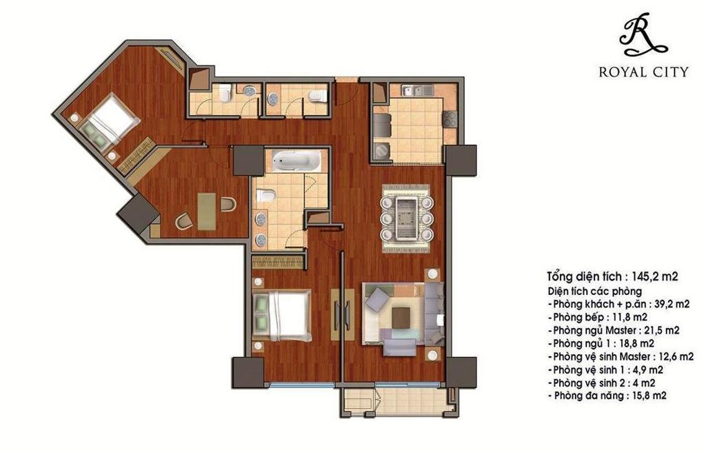 Mặt bằng căn 12A tòa R1, diện tích 145.2m2, 3 phòng ngủ