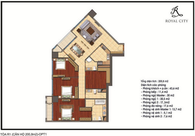 Mặt bằng căn 25A tòa R1, diện tích 200.8m2, 4 phòng ngủ, tầng 30, 31