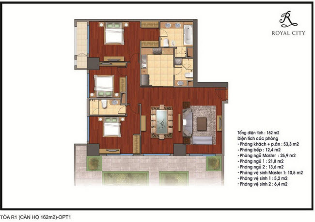 Mặt bằng căn 26A tòa R1, diện tích 162m2, 3 phòng ngủ, tầng 30 có vườn