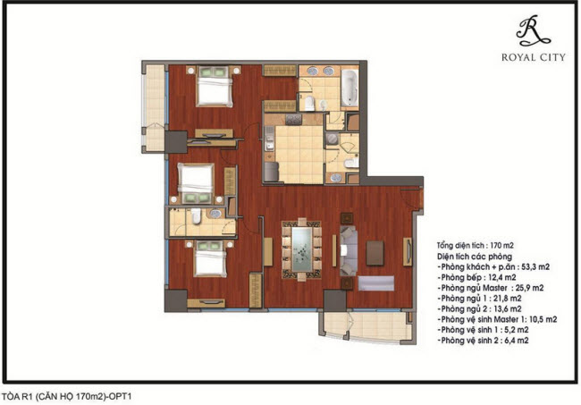 Mặt bằng căn 26B tòa R1, diện tích 170m2, 3 phòng ngủ, tầng 31