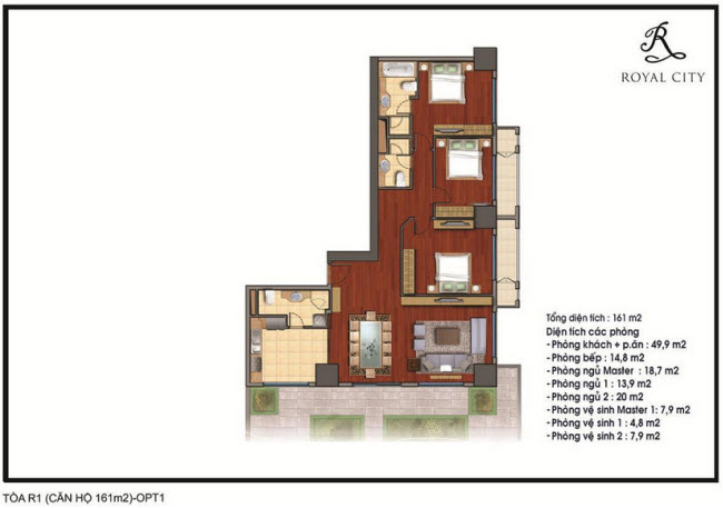 Mặt bằng căn 27A tòa R1, diện tích 161m2, 3 phòng ngủ, tầng 30 có vườn