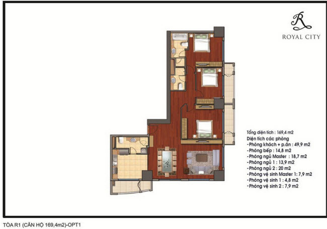 Mặt bằng căn 27B tòa R1, diện tích 169.4m2, 3 phòng ngủ, tầng 31