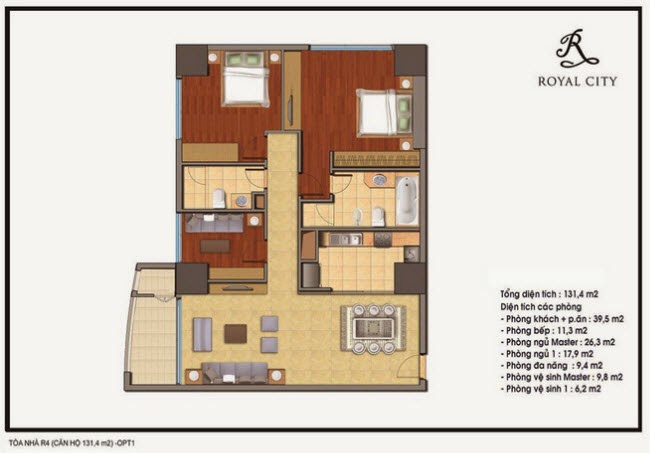 Mặt bằng căn 01, 02, 25, 26 tòa R4, diện tích 131.4m2, 3 phòng ngủ (căn góc)