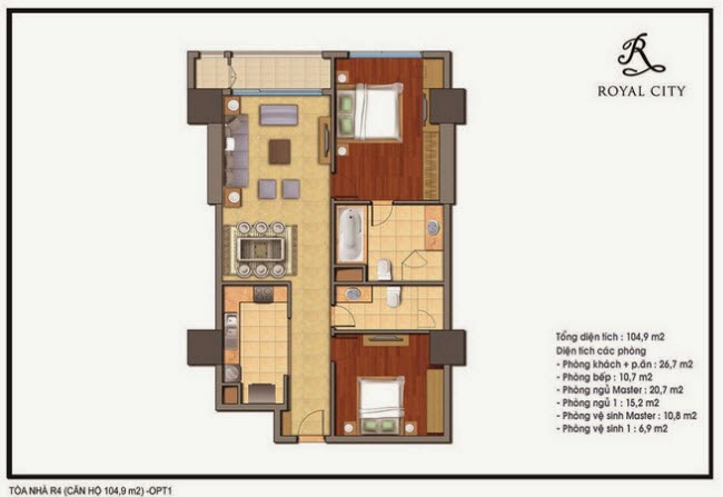 Mặt bằng căn 03, 04, 23, 24 tòa R5, diện tích 104.9m2, 2 phòng ngủ