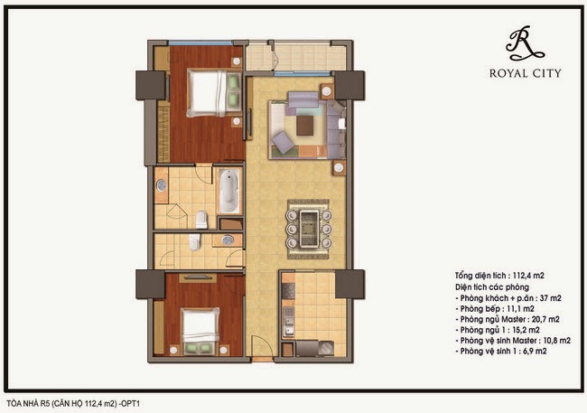 Mặt bằng căn 05, 06, 21, 22 tòa R5, diện tích 112.4m2, 2 phòng ngủ