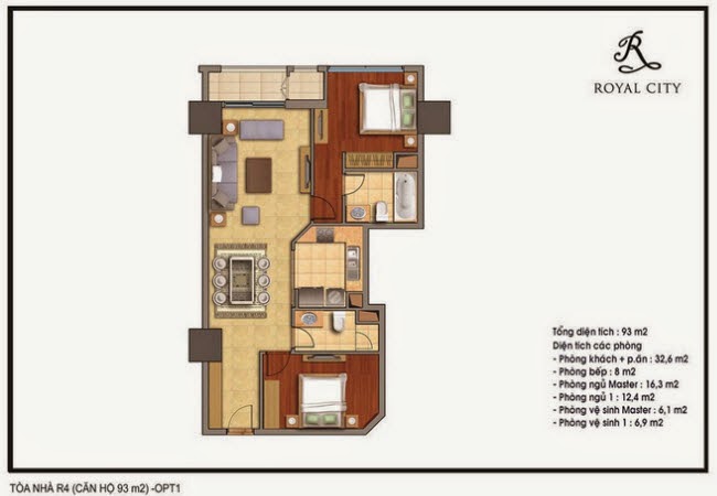 Mặt bằng căn 07, 19 tòa R4, diện tích 93m2, 2 phòng ngủ