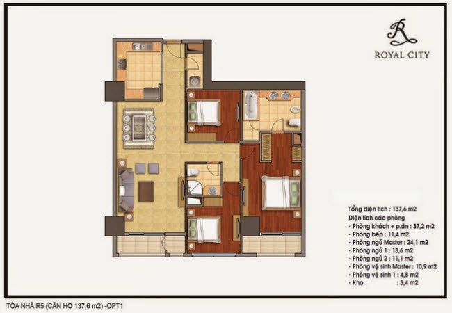 Mặt bằng căn 08, 20 tòa R5, diện tích 137.6m2, 3 phòng ngủ