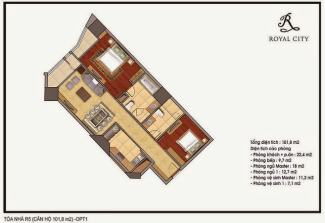 Mặt bằng căn 09, 17 tòa R5, diện tích 101.8m2, 2 phòng ngủ