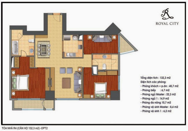 Mặt bằng căn 10, 18 tòa R5, diện tích 132.3m2, 3 phòng ngủ