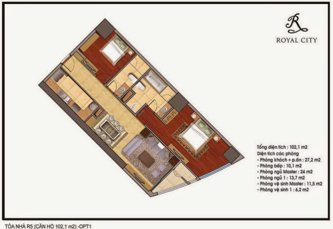 Mặt bằng căn 11, 16 tòa R5, diện tích 102m2, 2 phòng ngủ