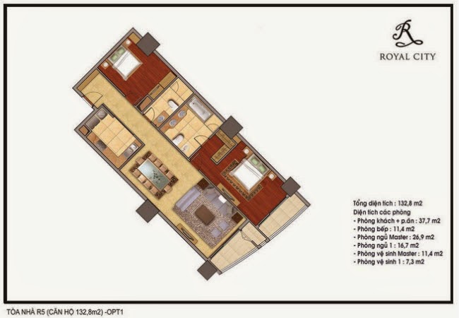 Mặt bằng căn 12, 12B tòa R4, diện tích 132.8m2, 2 phòng ngủ