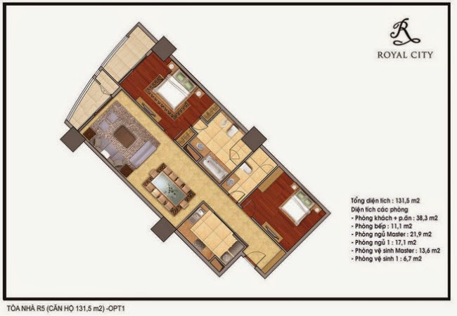 Mặt bằng căn 12A, 15 tòa R5, diện tích 131.5m2, 2 phòng ngủ