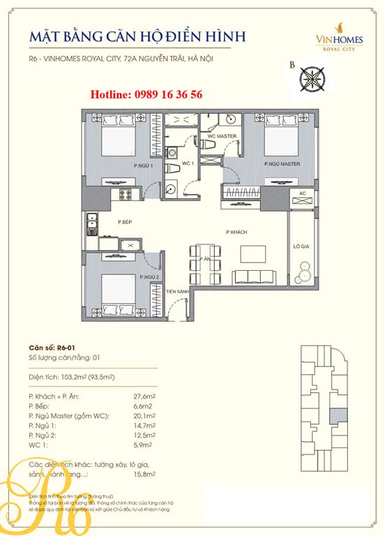 Mặt bằng căn 01 tòa R6, diện tích 103.2m2, 3 phòng ngủ (thông tầng)