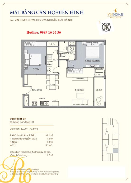 Mặt bằng căn 03 tòa R6, diện tích 82.2m2, 2 phòng ngủ