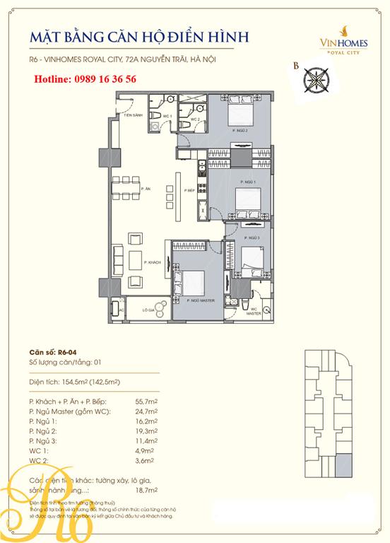 Mặt bằng căn 05A tòa R6, diện tích 154.5m2, 4 phòng ngủ