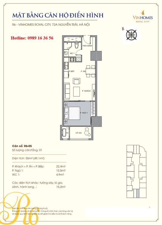 Mặt bằng căn 05 tòa R6, diện tích 55m2, 1 phòng ngủ