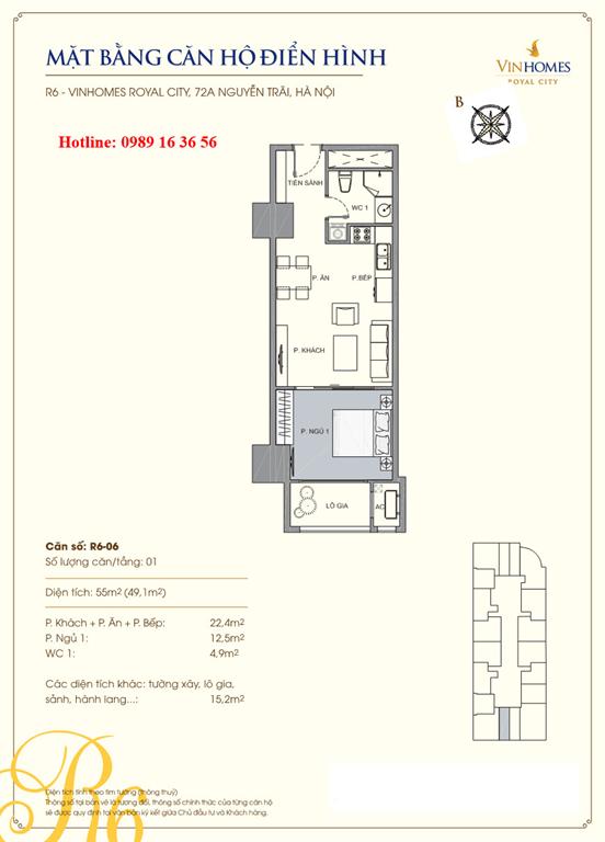 Mặt bằng căn 06 tòa R6, diện tích 55m2, 1 phòng ngủ