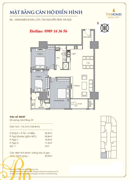 Mặt bằng căn 08A tòa R6, diện tích 115.7m2, 3 phòng ngủ (căn góc)