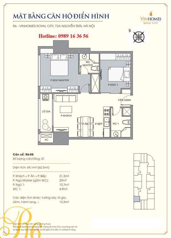 Mặt bằng căn 08 tòa R6, diện tích 69.1m2, 2 phòng ngủ